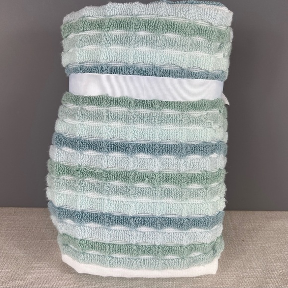 Caro Home Striped Hand Towels - Green Blue White Textured 100% Cotton 2 pc NEW - Picture 6 of 6